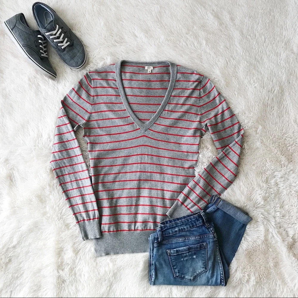 J. Crew Factory grey and orange striped vneck sweater Sz M_7